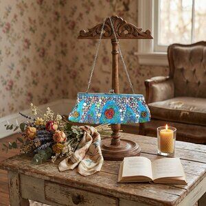 Vintage Blue Beaded Evening Bag – Hand-Embroidered Floral Purse